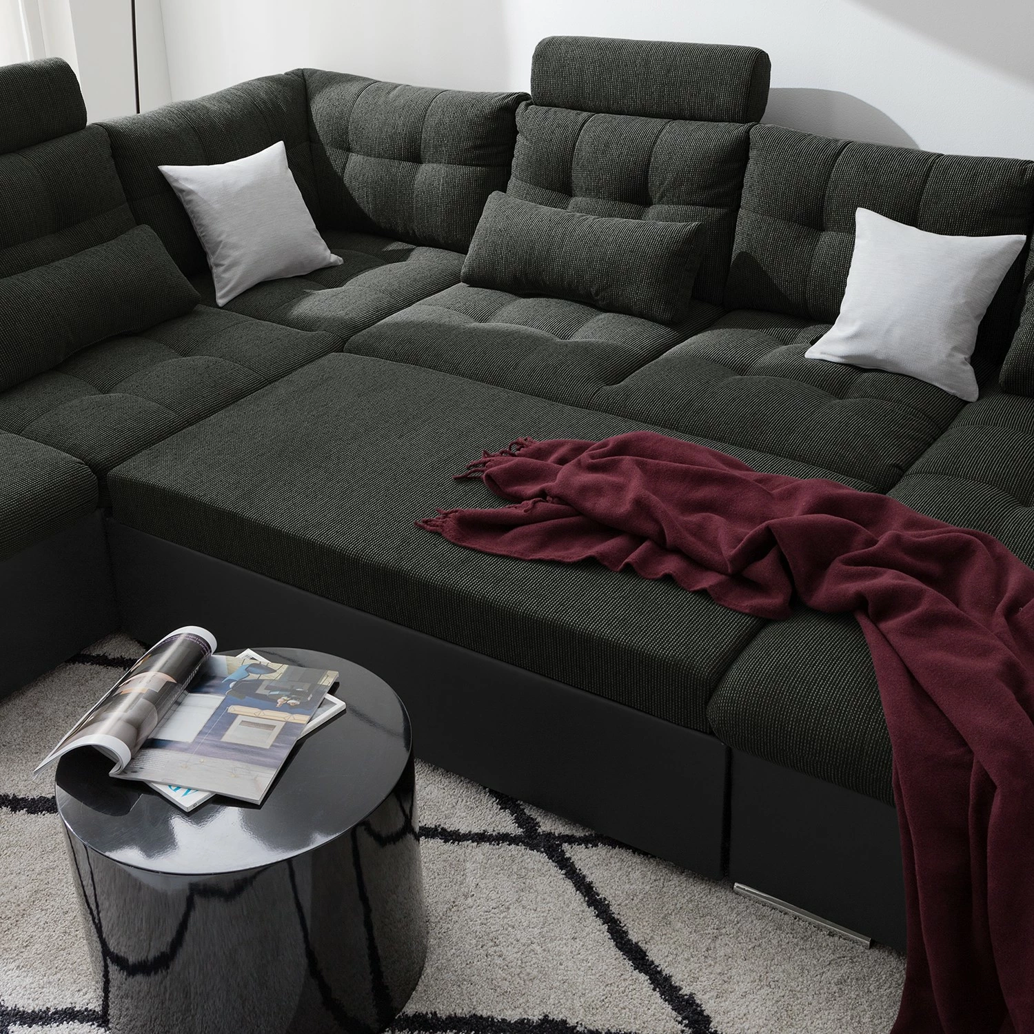 Fredriks Canapé panoramique Puntiro I - Tissu - Cuir synthétique Lilo / Tissu structuré Satur: Noit / Anthracite - Méridienne courte à droite / longue à gauche (vue de face) 17 Fredriks Canapé panoramique Puntiro I - Tissu - Cuir synthétique Lilo / Tissu structuré Satur: Noit / Anthracite - Méridienne courte à droite / longue à gauche (vue de face) – Image 15