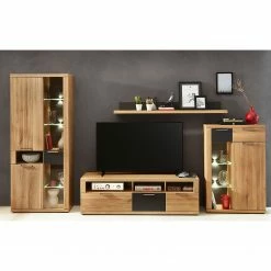 Naturoo Ensemble de meubles Macoun (4 éléments) - Avec éclairage - Partiellement en chêne sauvage massif