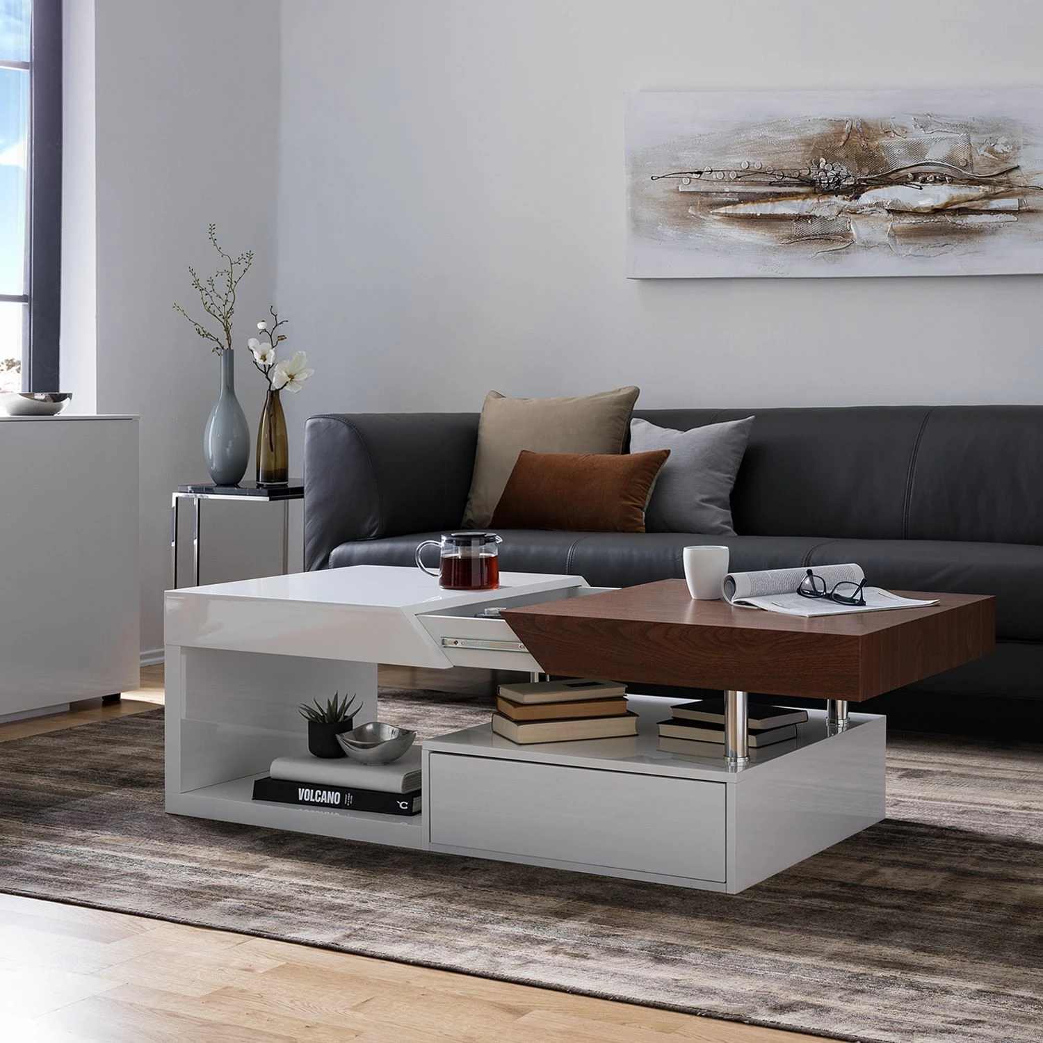 Fredriks Table basse Smithers - Imitation noyer / Blanc brillant 5 Fredriks Table basse Smithers - Imitation noyer / Blanc brillant – Image 3