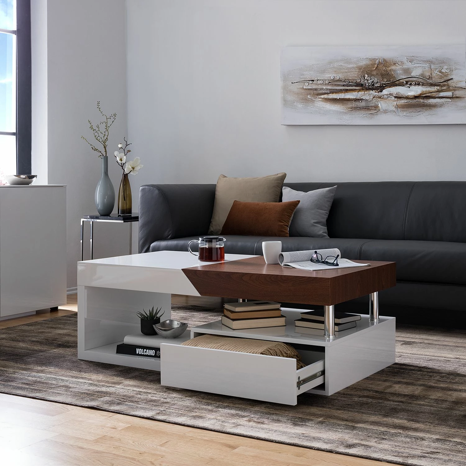 Fredriks Table basse Smithers - Imitation noyer / Blanc brillant 13 Fredriks Table basse Smithers - Imitation noyer / Blanc brillant – Image 11