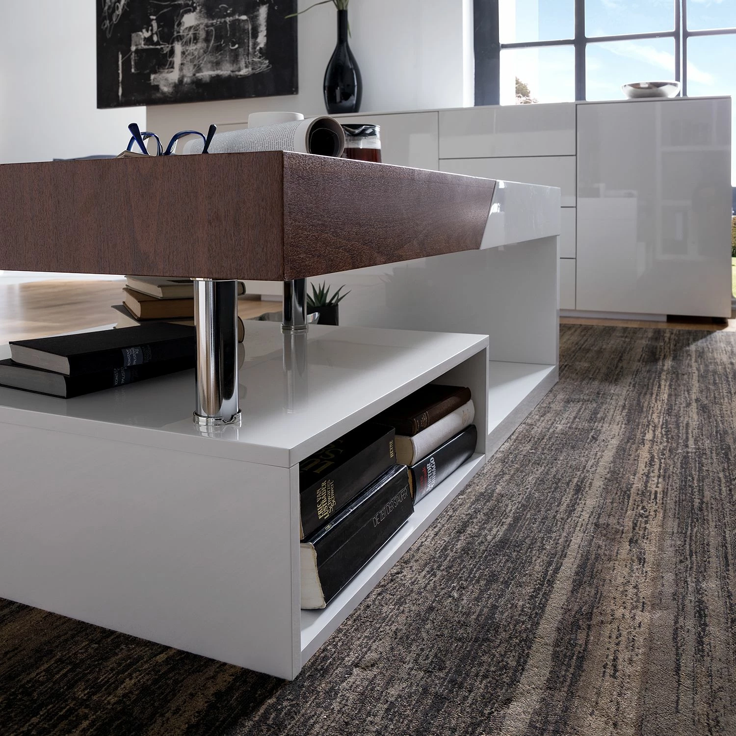 Fredriks Table basse Smithers - Imitation noyer / Blanc brillant 6 Fredriks Table basse Smithers - Imitation noyer / Blanc brillant – Image 4