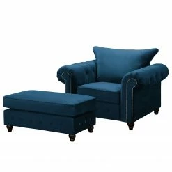 Jack & Alice Fauteuil Solita - Velours - Bleu foncé - Avec repose-pieds