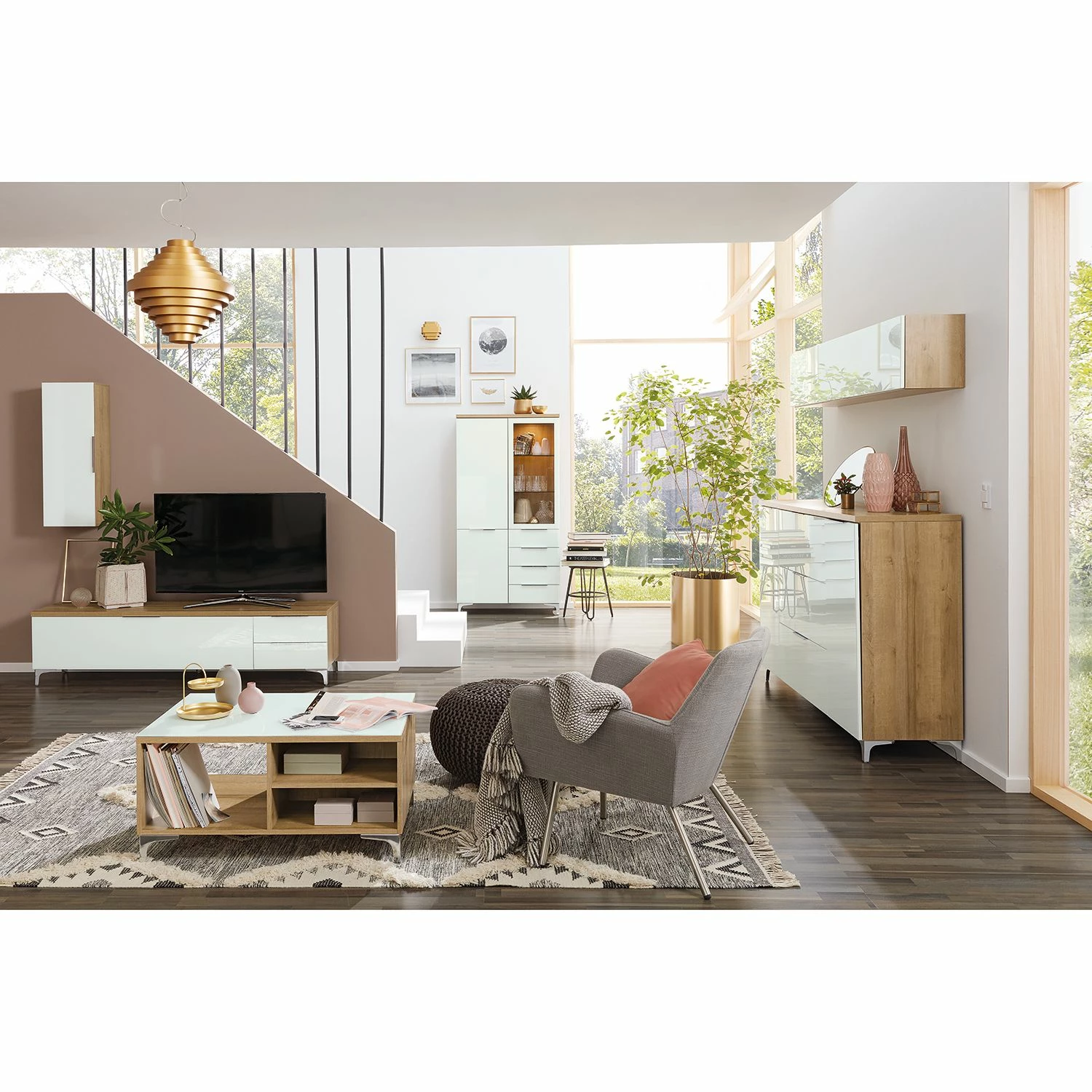 Maja Möbel Meuble murale Shino I - Verre blanc / Imitation chêne de Riviera - Largeur : 180 cm 4 Maja Möbel Meuble murale Shino I - Verre blanc / Imitation chêne de Riviera - Largeur : 180 cm – Image 2