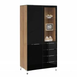 Maja Möbel Vitrine Shino - Verre noir / Imitation chêne de Riviera