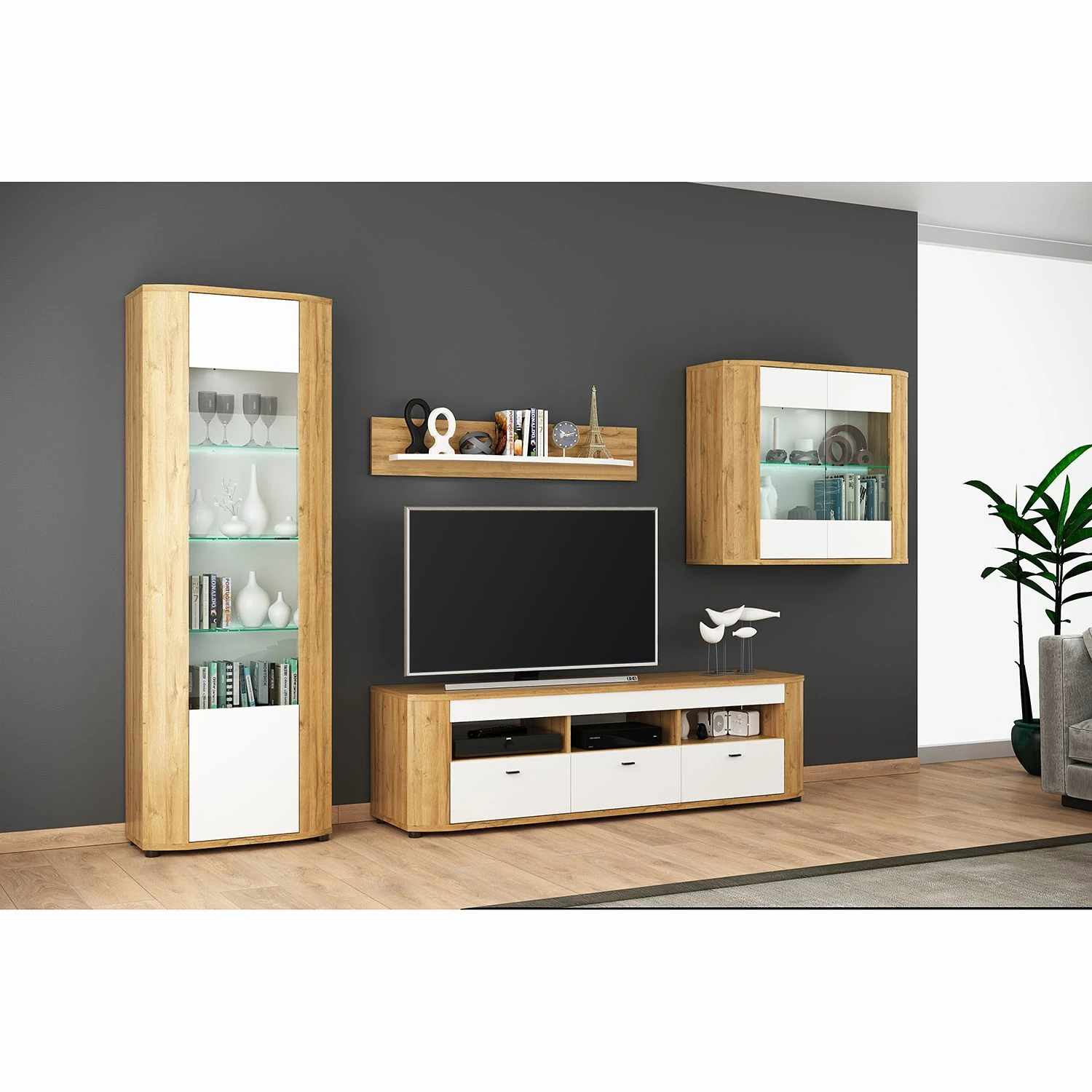 Loftscape Ensemble meubles TV Machado (4 éléments) - Blanc brillant / Imitation chêne Grandson 11 Loftscape Ensemble meubles TV Machado (4 éléments) - Blanc brillant / Imitation chêne Grandson – Image 9