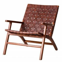 Ars manufacti Fauteuil design Bourbourg - Cuir tressé / Teck massif - marron cognac / Teck