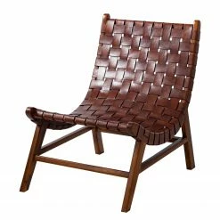 Ars manufacti Fauteuil design Bourbourg I - Cuir tressé / Teck massif - marron cognac / Teck