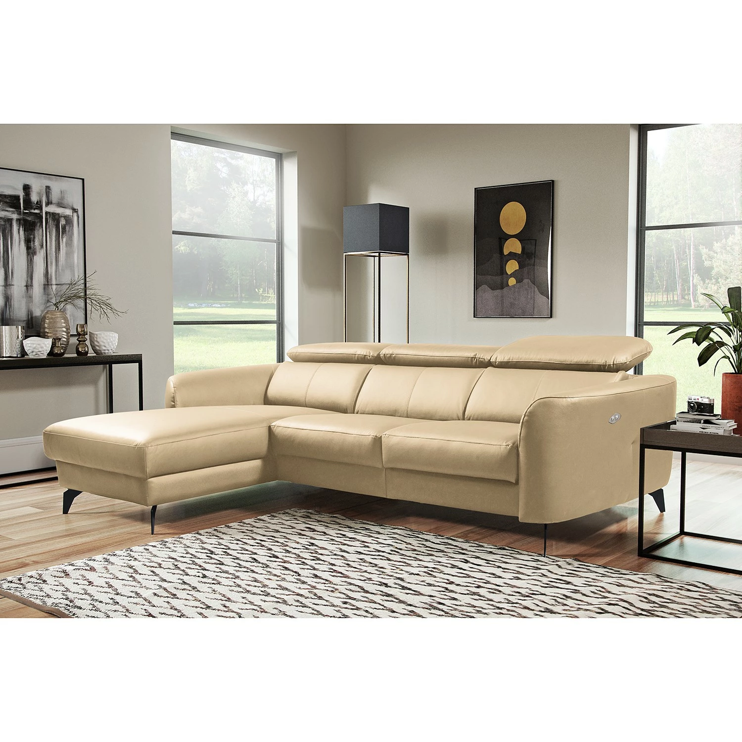 Loftscape Canapé d’angle Leary - Cuir véritable - Beige chaud - Méridienne courte à gauche (vue de face) - Fonction relaxation 4 Loftscape Canapé d’angle Leary - Cuir véritable - Beige chaud - Méridienne courte à gauche (vue de face) - Fonction relaxation – Image 2