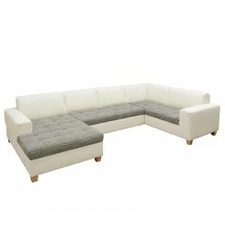 Ars Natura Canapé panoramique Roblin II - Tissu structuré / Imitation cuir - Gris / Blanc - Méridienne courte à gauche (vue de face) - Sans fonction