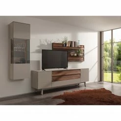 GWINNER Ensemble meubles TV Misano I (3 élém.) - Placage en bois véritable / Verre - Planches de chêne / Gris - Gris Sahara / Poutres en chêne - Sans éclairage