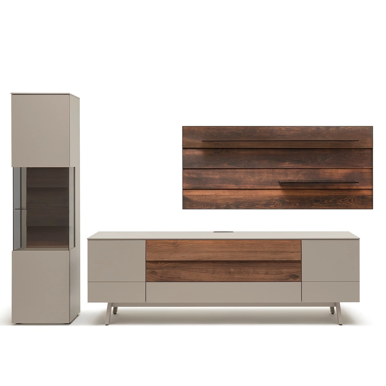 GWINNER Ensemble meubles TV Misano II (3 élém.) - Placage en bois véritable / Verre - Planches de chêne / Gris - Gris Sahara / Poutres en chêne - Sans éclairage 4 GWINNER Ensemble meubles TV Misano II (3 élém.) - Placage en bois véritable / Verre - Planches de chêne / Gris - Gris Sahara / Poutres en chêne - Sans éclairage – Image 2