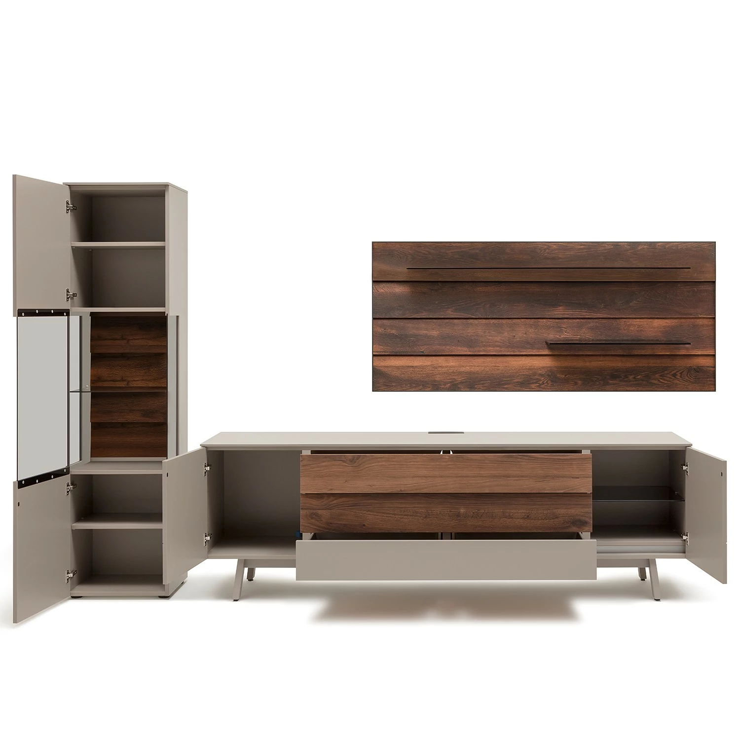 GWINNER Ensemble meubles TV Misano II (3 élém.) - Placage en bois véritable / Verre - Planches de chêne / Gris - Gris Sahara / Poutres en chêne - Sans éclairage 5 GWINNER Ensemble meubles TV Misano II (3 élém.) - Placage en bois véritable / Verre - Planches de chêne / Gris - Gris Sahara / Poutres en chêne - Sans éclairage – Image 3