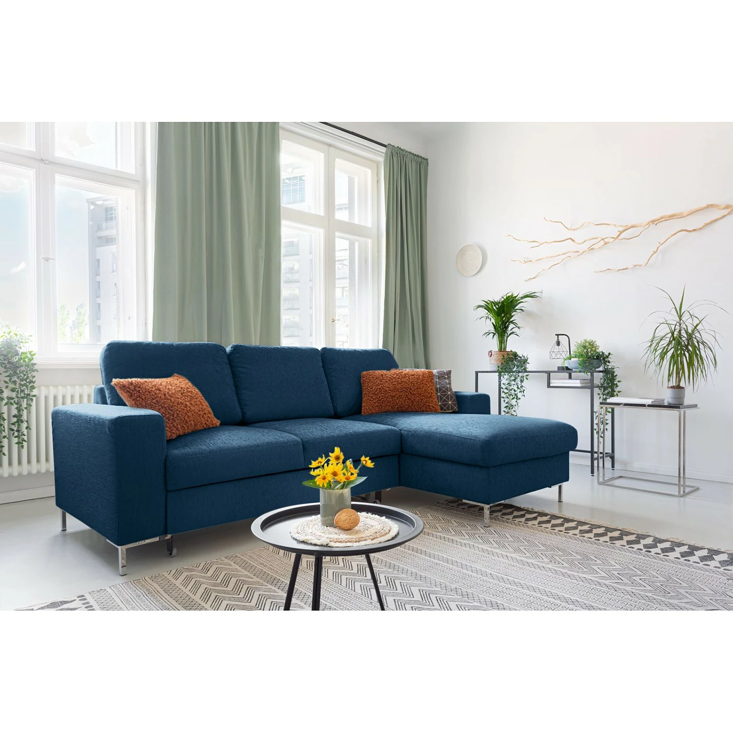 Fredriks Canapé d'angle Fiesta I - Tissu structuré - Bleu jean - Méridienne courte à droite (vue de face) - Avec fonction couchage 4 Fredriks Canapé d'angle Fiesta I - Tissu structuré - Bleu jean - Méridienne courte à droite (vue de face) - Avec fonction couchage – Image 2