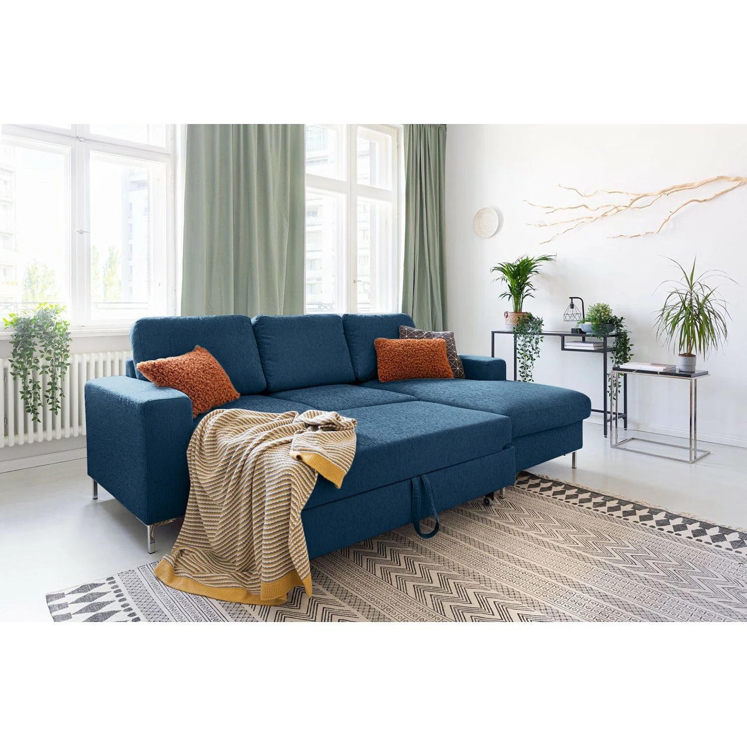 Fredriks Canapé d'angle Fiesta I - Tissu structuré - Bleu jean - Méridienne courte à droite (vue de face) - Avec fonction couchage 6 Fredriks Canapé d'angle Fiesta I - Tissu structuré - Bleu jean - Méridienne courte à droite (vue de face) - Avec fonction couchage – Image 4