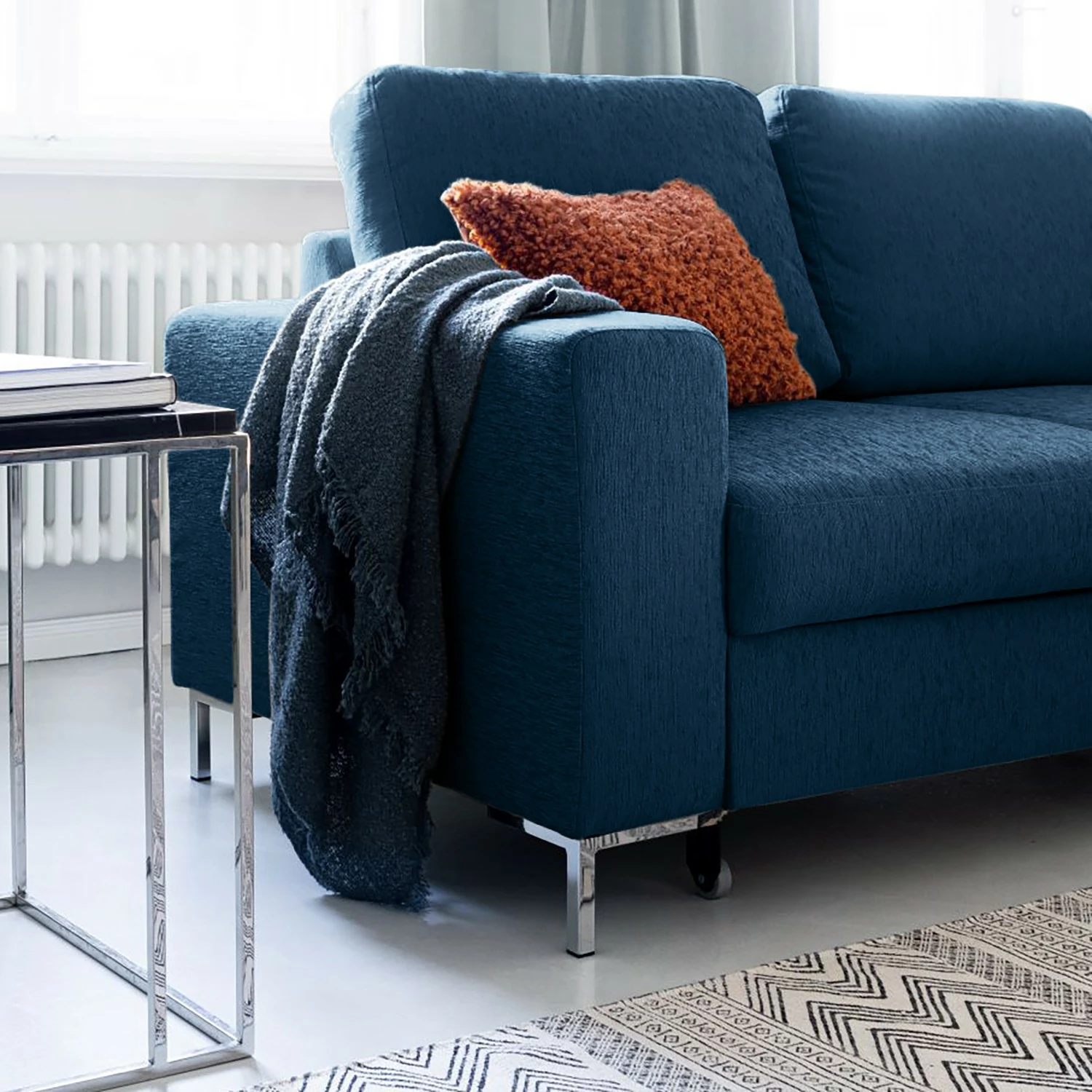 Fredriks Canapé d'angle Fiesta I - Tissu structuré - Bleu jean - Méridienne courte à droite (vue de face) - Avec fonction couchage 12 Fredriks Canapé d'angle Fiesta I - Tissu structuré - Bleu jean - Méridienne courte à droite (vue de face) - Avec fonction couchage – Image 10