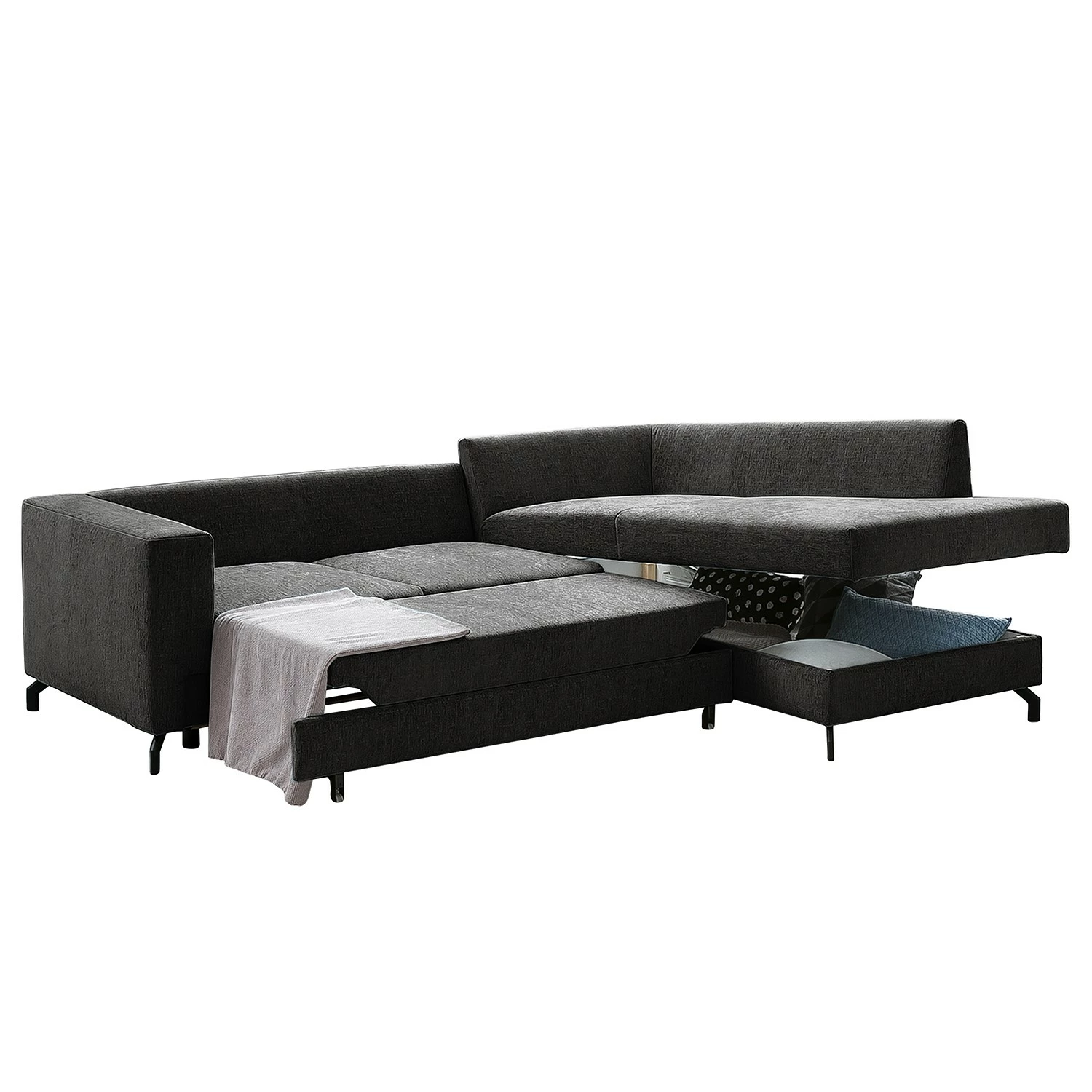 Fredriks Canapé d’angle Manso - Tissu - Noir - Méridienne longue à droite (vue de face) - Fonction couchage - Coffre de lit 7 Fredriks Canapé d’angle Manso - Tissu - Noir - Méridienne longue à droite (vue de face) - Fonction couchage - Coffre de lit – Image 5