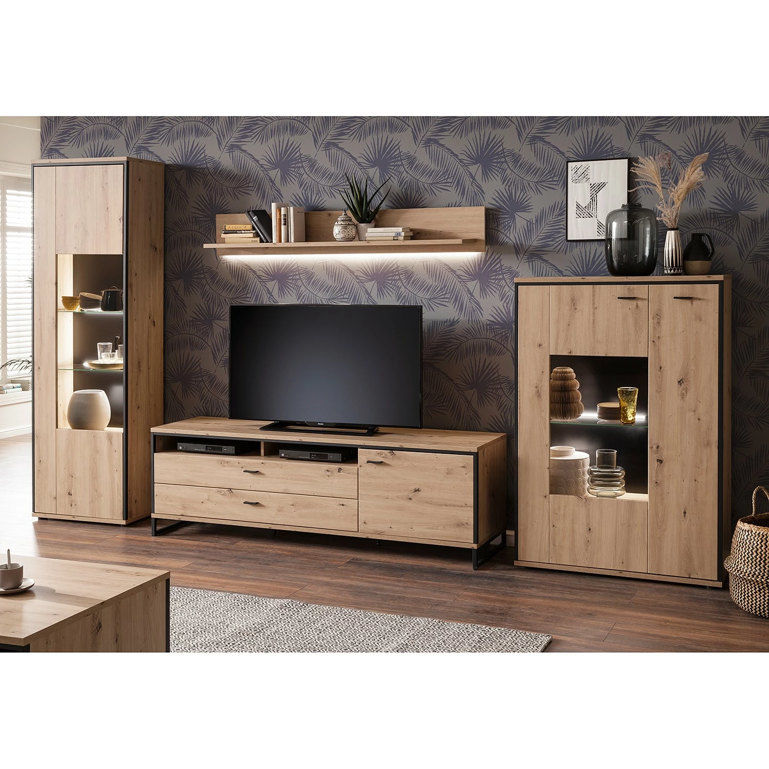 Loftscape Ensemble meubles TV Buena III (4 élém.) - Imitation planches de chêne / Anthracite 4 Loftscape Ensemble meubles TV Buena III (4 élém.) - Imitation planches de chêne / Anthracite – Image 2