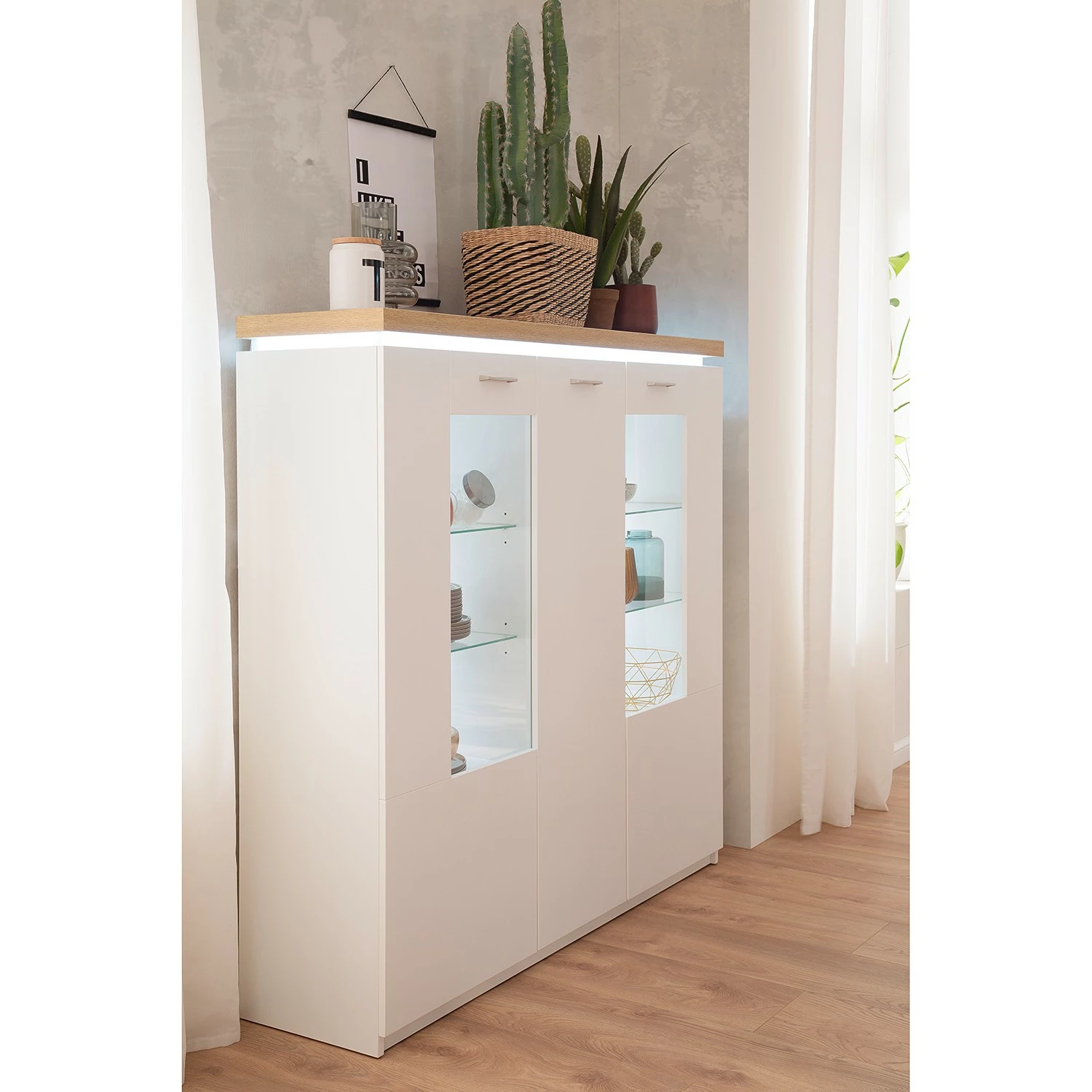 Loftscape Buffet haut Mundai - Avec éclairage - Blanc / Imitation chêne de Wotan 6 Loftscape Buffet haut Mundai - Avec éclairage - Blanc / Imitation chêne de Wotan – Image 4