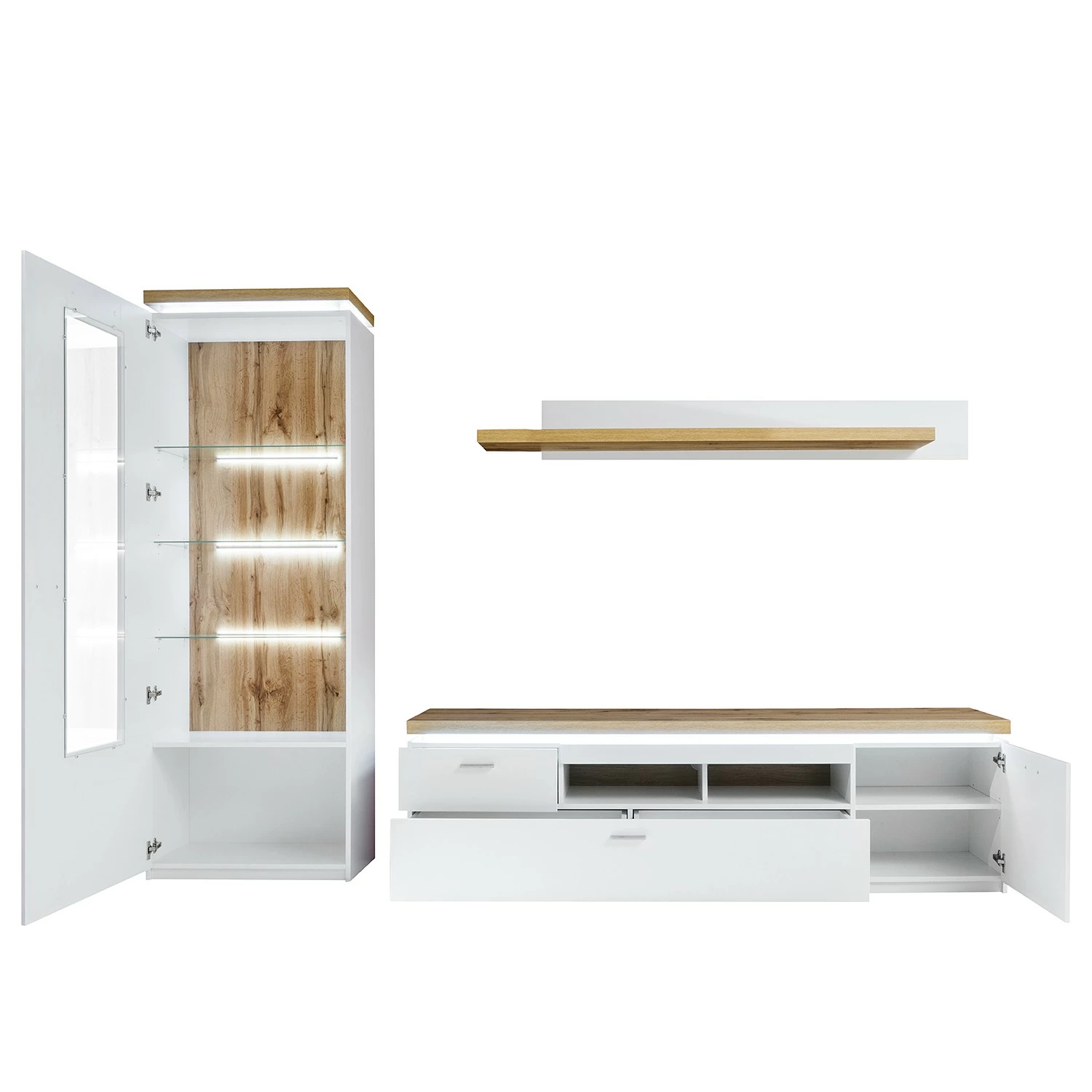 Loftscape Ensemble meubles TV Mundai I (3 élém.) - Avec éclairage - Blanc / Imitation chêne de Wotan 7 Loftscape Ensemble meubles TV Mundai I (3 élém.) - Avec éclairage - Blanc / Imitation chêne de Wotan – Image 5