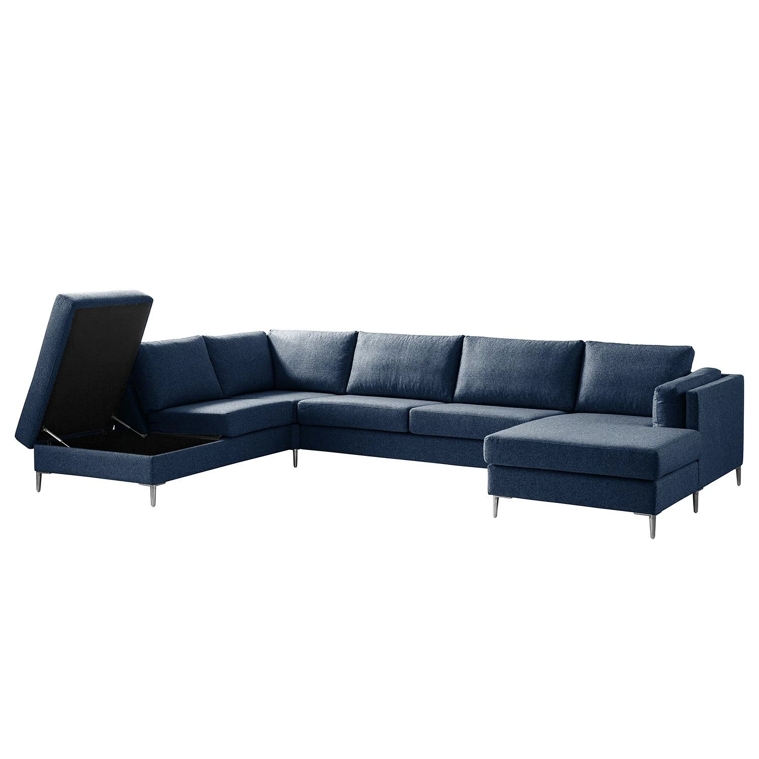 Studio Copenhagen Canapé panoramique COSO Classic+ - Tissu Inze: Bleu - Méridienne courte à droite / longue à gauche (vue de face) - Coffre de lit - Chrome brillant 7 Studio Copenhagen Canapé panoramique COSO Classic+ - Tissu Inze: Bleu - Méridienne courte à droite / longue à gauche (vue de face) - Coffre de lit - Chrome brillant – Image 5