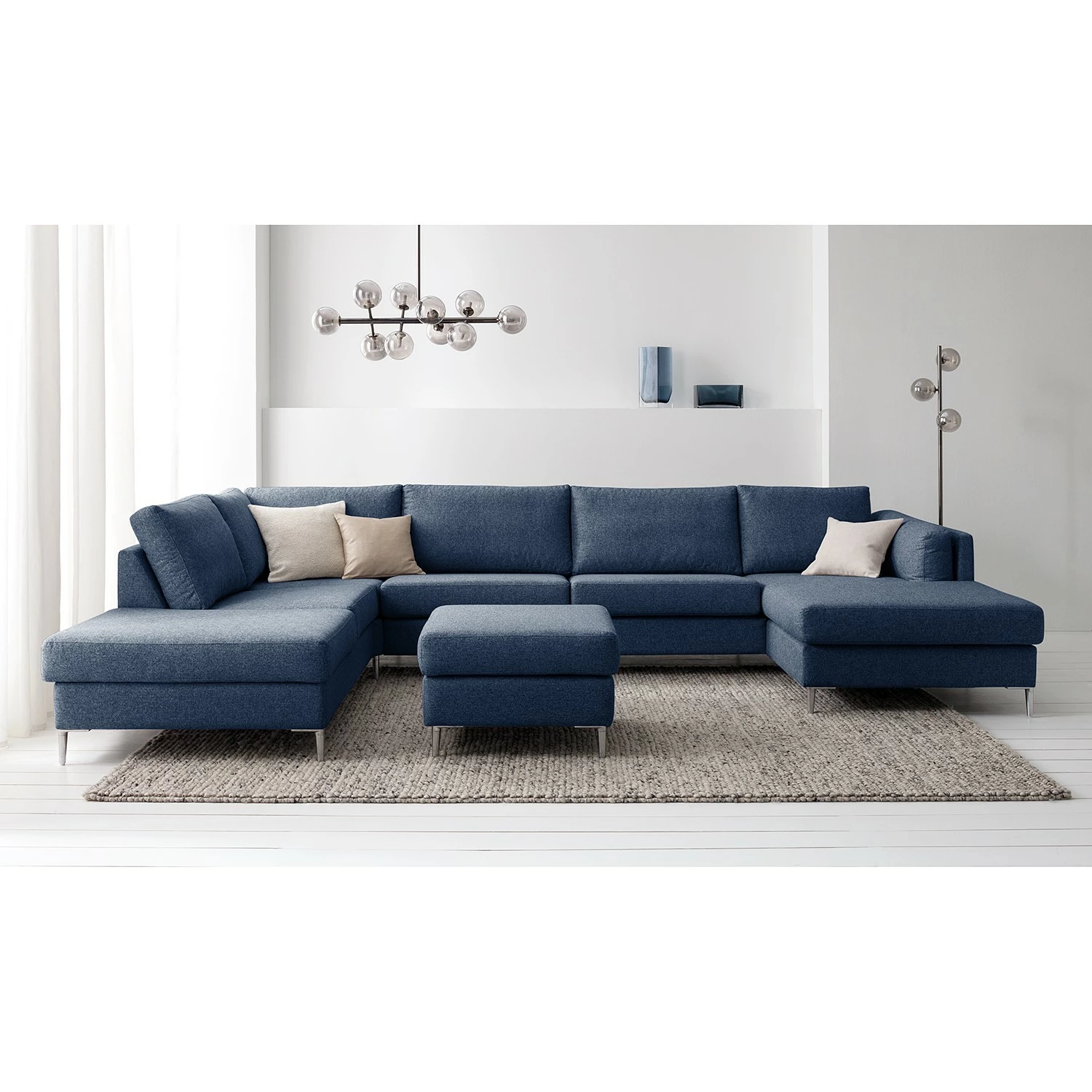 Studio Copenhagen Canapé panoramique COSO Classic+ - Tissu Inze: Bleu - Méridienne courte à droite / longue à gauche (vue de face) - Coffre de lit - Chrome brillant 6 Studio Copenhagen Canapé panoramique COSO Classic+ - Tissu Inze: Bleu - Méridienne courte à droite / longue à gauche (vue de face) - Coffre de lit - Chrome brillant – Image 4