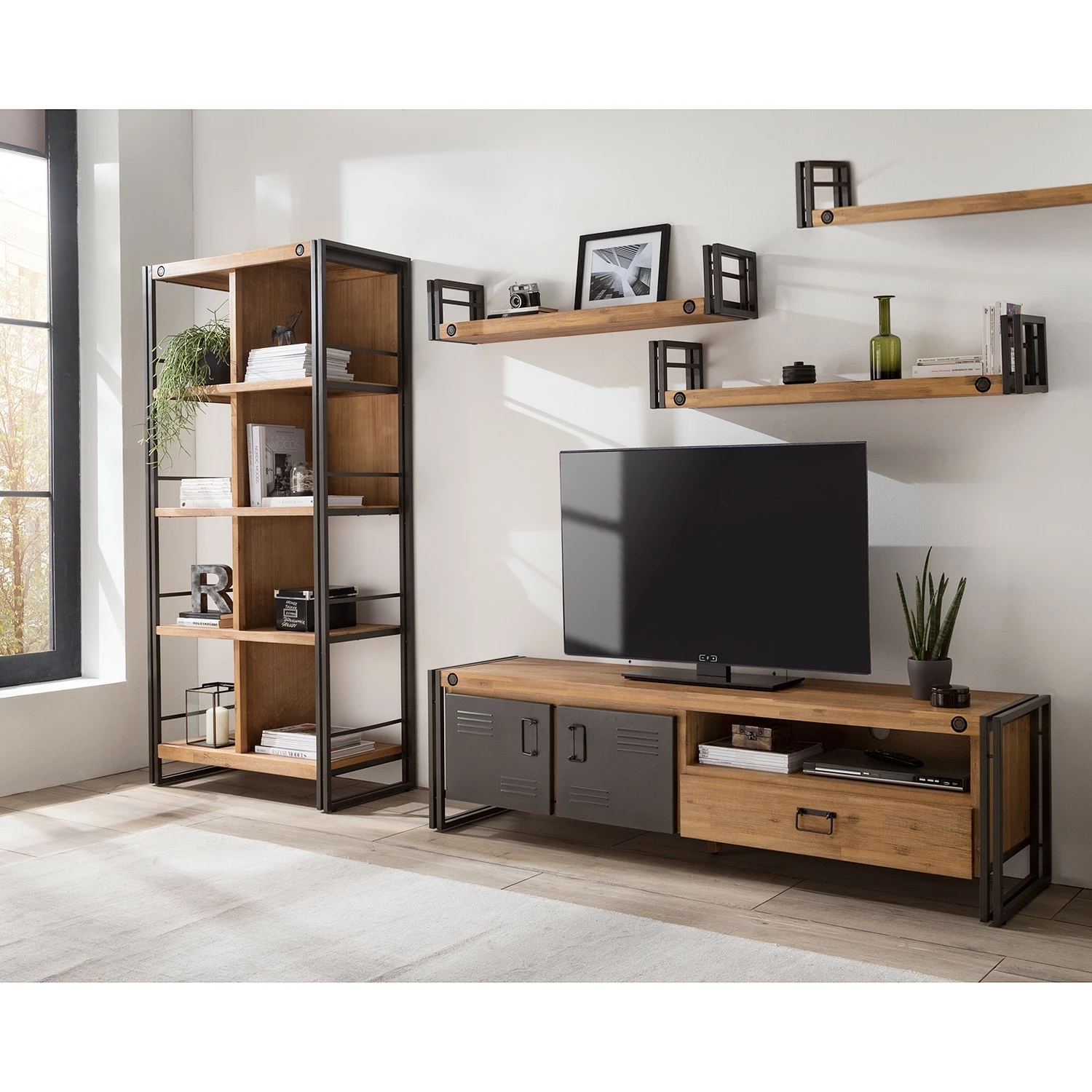 Ars manufacti Tablettes murales Manchester (lot de 3) - Acacia massif / Métal - Acacia / Anthracite - Largeur : 150 cm 4 Ars manufacti Tablettes murales Manchester (lot de 3) - Acacia massif / Métal - Acacia / Anthracite - Largeur : 150 cm – Image 2