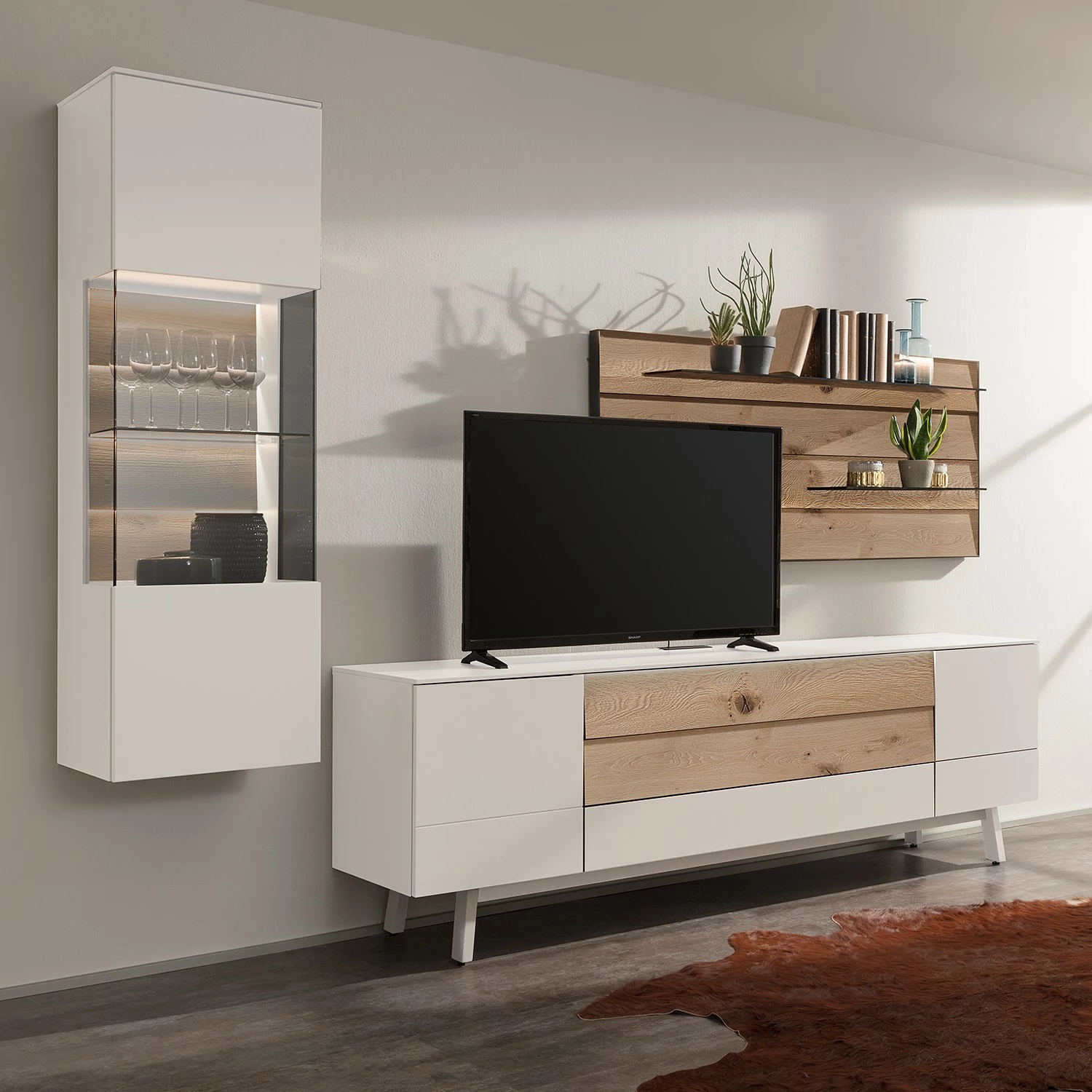 GWINNER Ensemble meubles TV Misano I (3 élém.) - Placage en bois véritable / Verre - Planches de chêne / Gris - Blanc / Chêne sauvage - Sans éclairage 3 GWINNER Ensemble meubles TV Misano I (3 élém.) - Placage en bois véritable / Verre - Planches de chêne / Gris - Blanc / Chêne sauvage - Sans éclairage