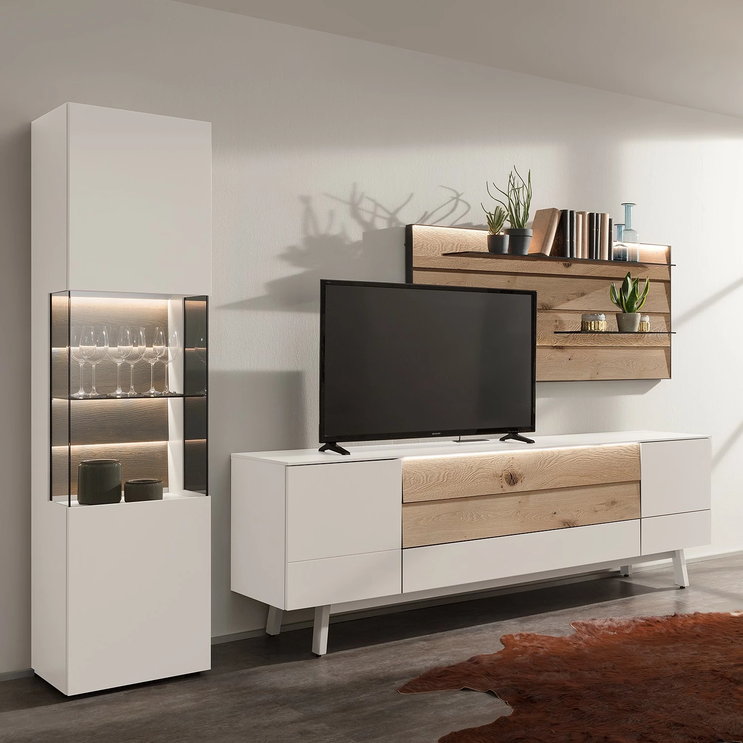 GWINNER Ensemble meubles TV Misano II (3 élém.) - Placage en bois véritable / Verre - Planches de chêne / Gris - Blanc / Chêne sauvage - Avec éclairage 3 GWINNER Ensemble meubles TV Misano II (3 élém.) - Placage en bois véritable / Verre - Planches de chêne / Gris - Blanc / Chêne sauvage - Avec éclairage