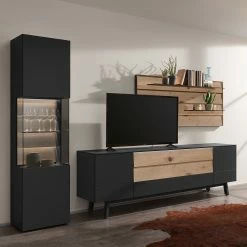 GWINNER Ensemble meubles TV Misano II (3 élém.) - Placage en bois véritable / Verre - Planches de chêne / Gris - Anthracite / Chêne sauvage - Sans éclairage