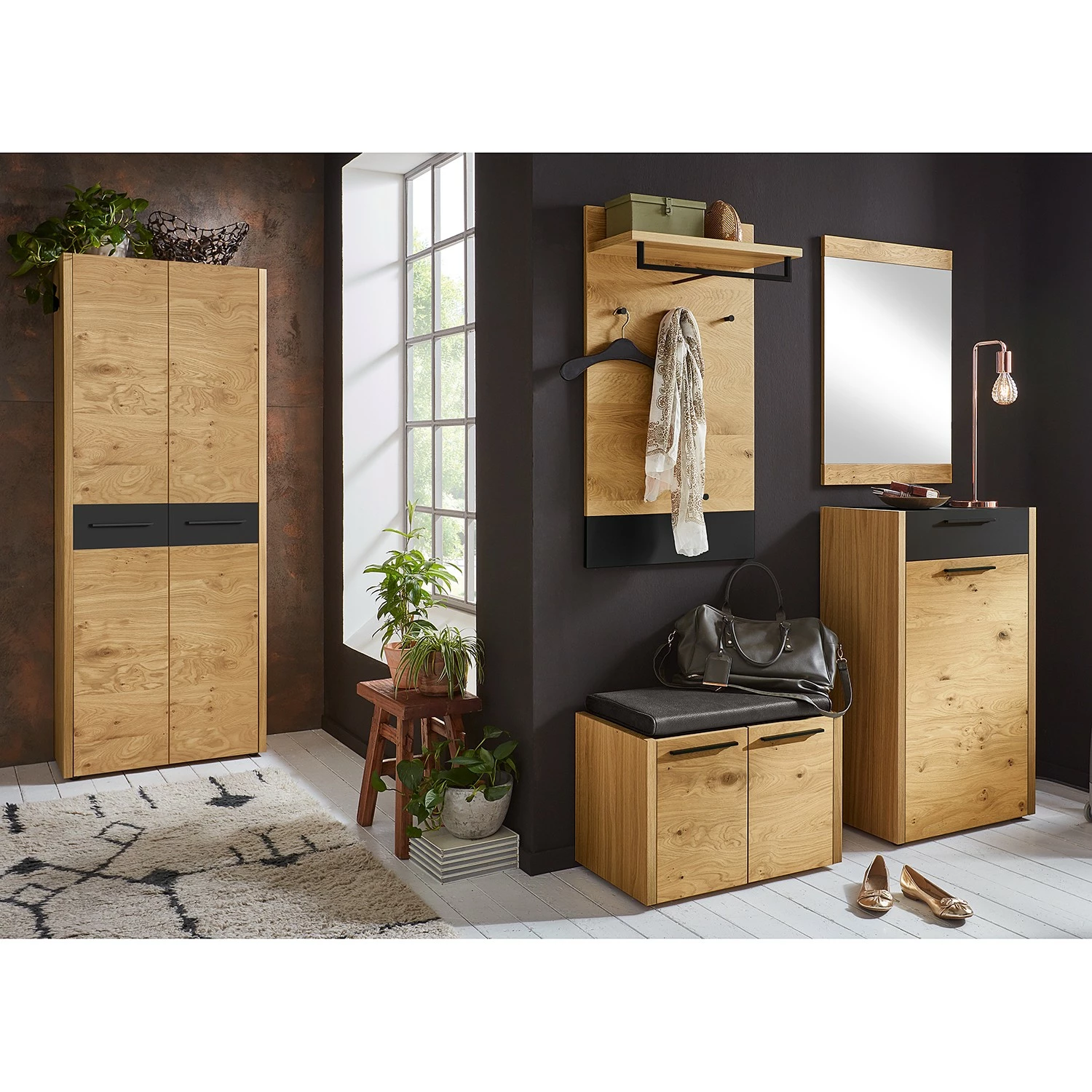 Voss Meuble d’entrée Levio - Placage en bois véritable - Chêne - Noir - Largeur : 61 cm - Butoir à droite 4 Voss Meuble d’entrée Levio - Placage en bois véritable - Chêne - Noir - Largeur : 61 cm - Butoir à droite – Image 2