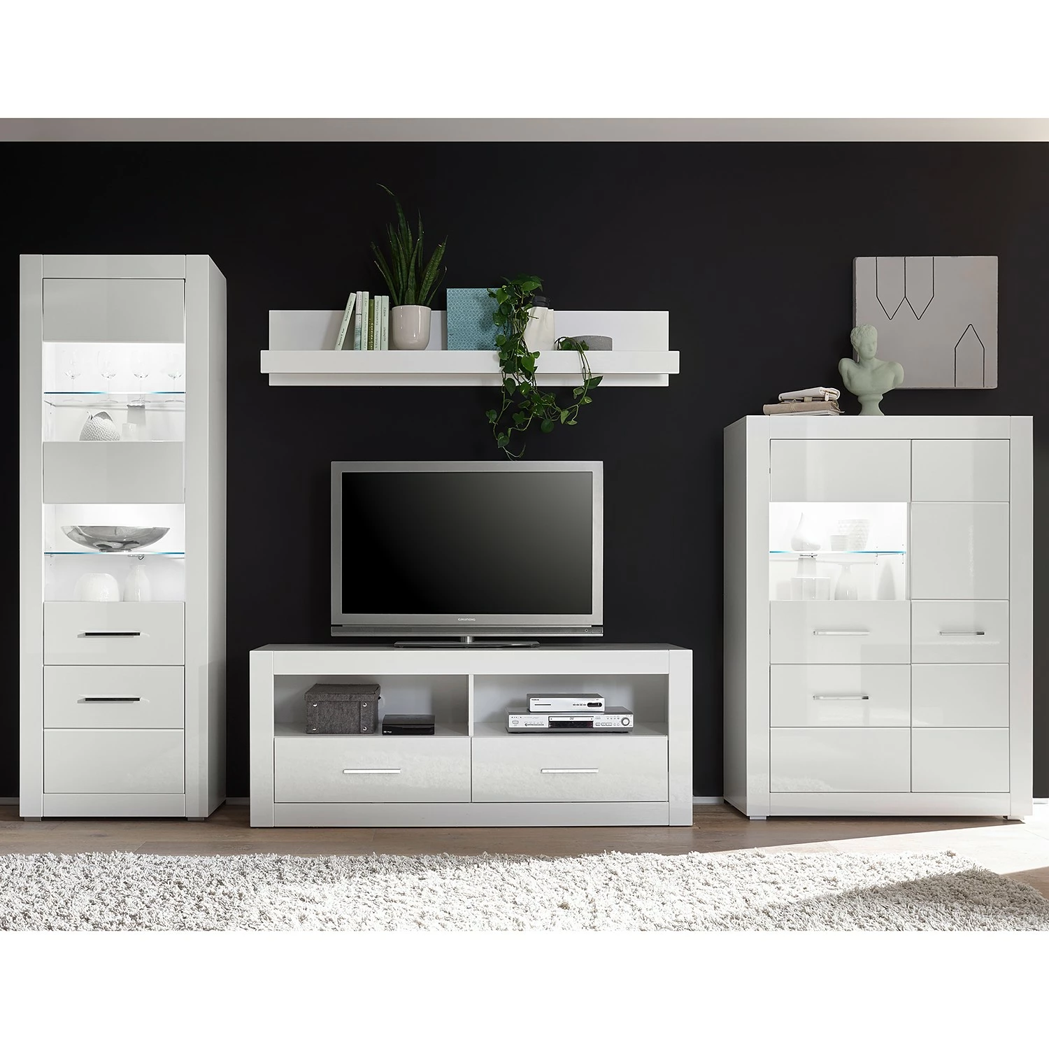 Loftscape Meubles TV muraux Bricktown II (4 élém.) - Blanc brillant / Blanc mat 3 Loftscape Meubles TV muraux Bricktown II (4 élém.) - Blanc brillant / Blanc mat