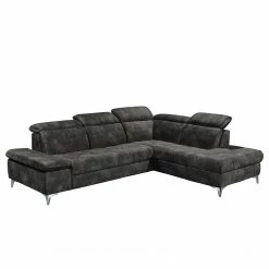 Loftscape Canapé d’angle Groslay - Velours - Velours Insa: Gris foncé - Méridienne longue à droite (vue de face)