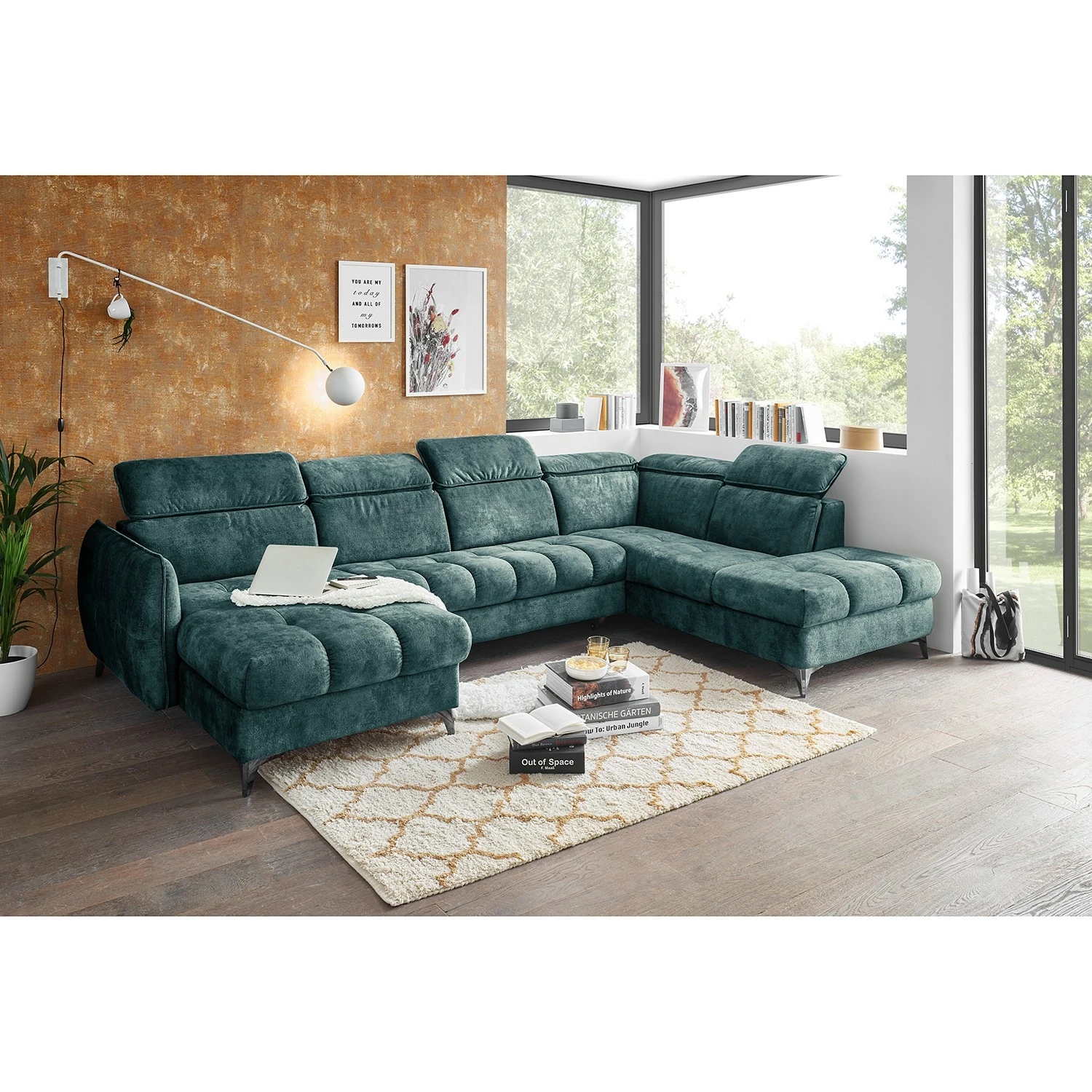 Loftscape Canapé panoramique Grillon - Velours - Velours Insa: Bleu fumée - Méridienne courte à gauche / longue à droite (vue de face) 4 Loftscape Canapé panoramique Grillon - Velours - Velours Insa: Bleu fumée - Méridienne courte à gauche / longue à droite (vue de face) – Image 2