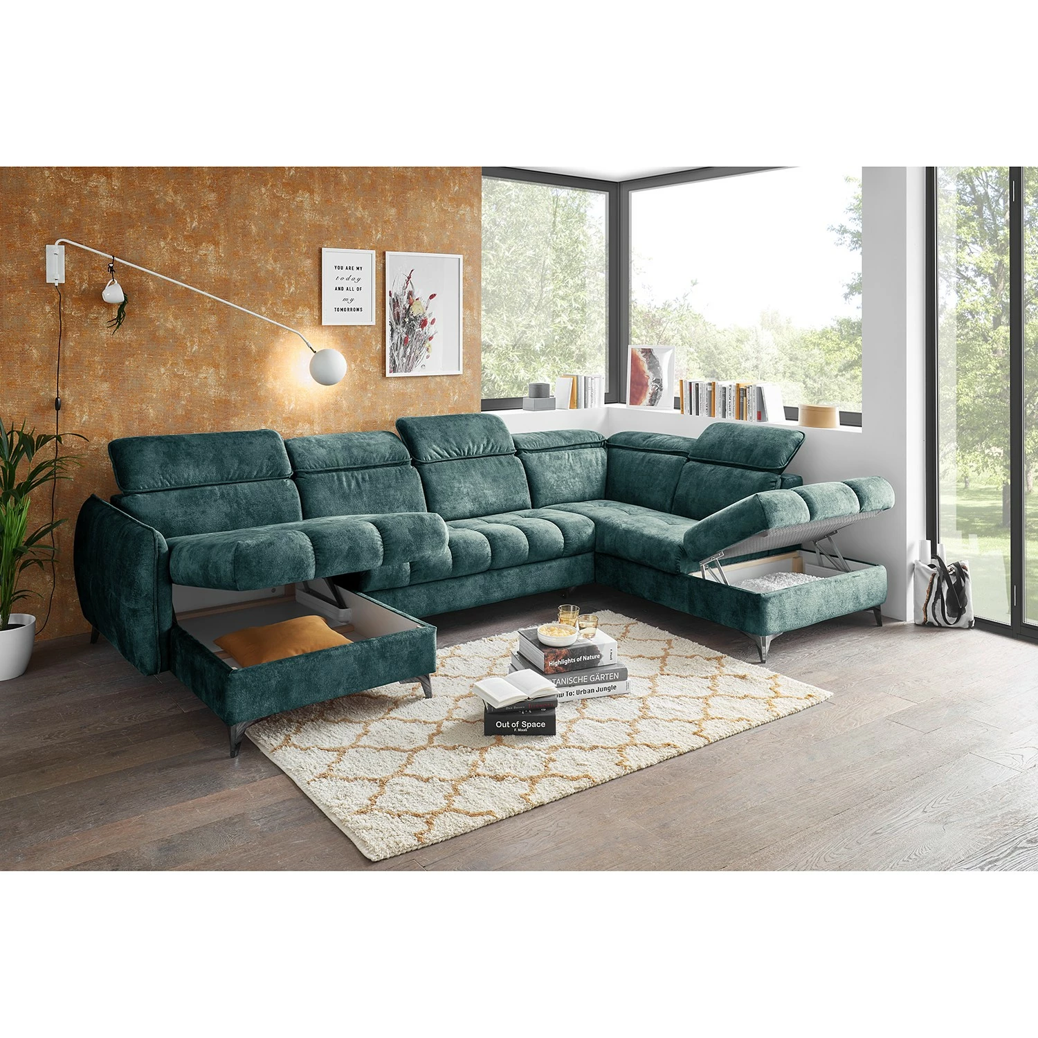 Loftscape Canapé panoramique Grillon - Velours - Velours Insa: Bleu fumée - Méridienne courte à gauche / longue à droite (vue de face) 6 Loftscape Canapé panoramique Grillon - Velours - Velours Insa: Bleu fumée - Méridienne courte à gauche / longue à droite (vue de face) – Image 4