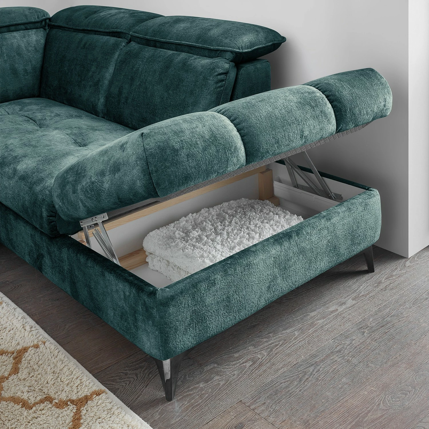 Loftscape Canapé panoramique Grillon - Velours - Velours Insa: Bleu fumée - Méridienne courte à gauche / longue à droite (vue de face) 12 Loftscape Canapé panoramique Grillon - Velours - Velours Insa: Bleu fumée - Méridienne courte à gauche / longue à droite (vue de face) – Image 10