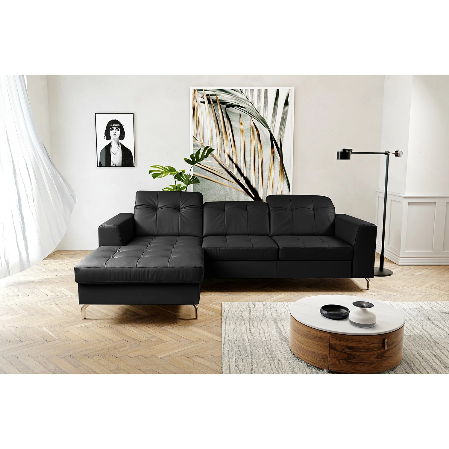 Fredriks Canapé d’angle White Pine - Cuir véritable - Cuir Mabra: Noir - Méridienne courte à gauche (vue de face) 4 Fredriks Canapé d’angle White Pine - Cuir véritable - Cuir Mabra: Noir - Méridienne courte à gauche (vue de face) – Image 2