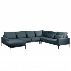 Fredriks Canapé panoramique Garlin - Tissu - Tissu Sogol: Bleu foncé - Méridienne courte à gauche / longue à droite (vue de face)