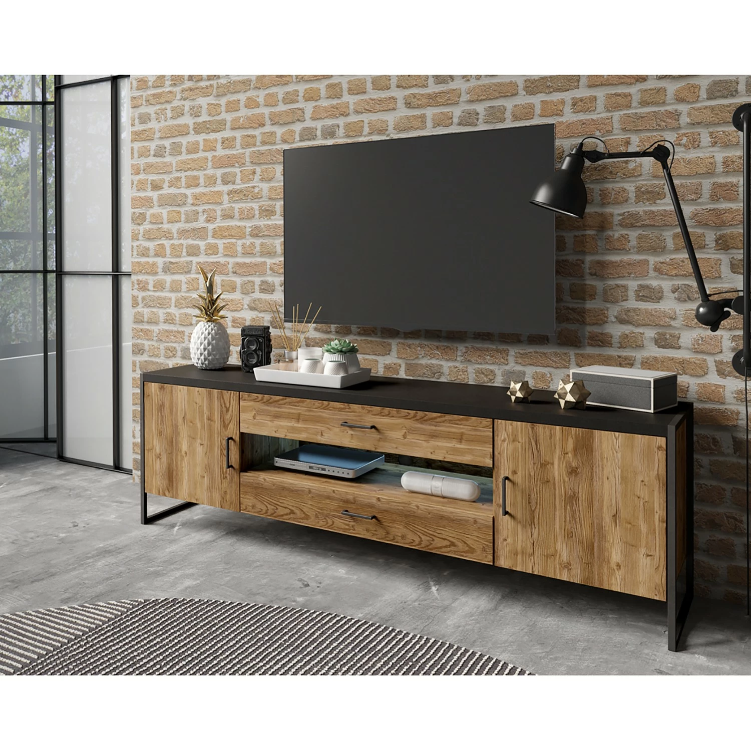 Red Living Meuble TV Turriers I - Imitation épicéa / Noir mat 4 Red Living Meuble TV Turriers I - Imitation épicéa / Noir mat – Image 2