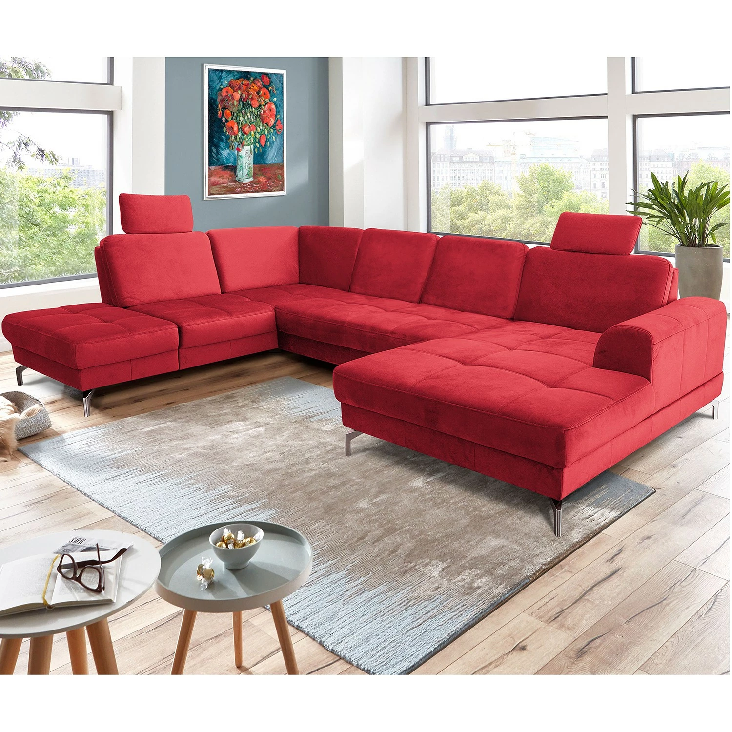 Loftscape Canapé panoramique Lascaux - Velours - Velours Ravi: Rouge - Méridienne courte à droite / longue à gauche (vue de face) 4 Loftscape Canapé panoramique Lascaux - Velours - Velours Ravi: Rouge - Méridienne courte à droite / longue à gauche (vue de face) – Image 2