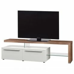 GWINNER Meuble TV Bellano I - Placage en bois véritable - Mat blanc / Noyer ramageux - Alignement à droite - Sans éclairage