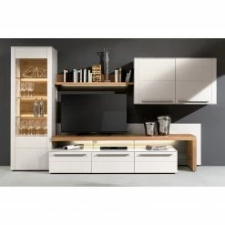 GWINNER Ensemble meubles TV Bellano I (4 élém.) - Placage en bois véritable - Blanc mat / Planches de chêne - Alignement à droite - Avec éclairage