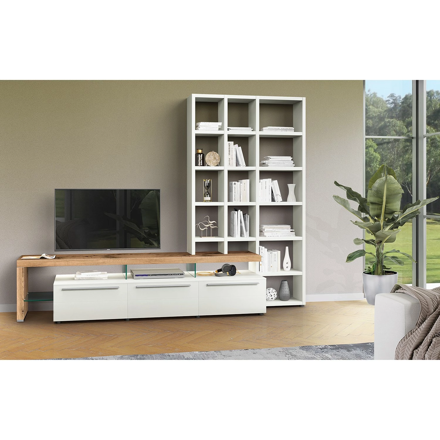 GWINNER Ensemble meubles TV Bellano I (2 élém.) - Placage en bois véritable - Mat blanc / Chêne de poutre - Alignement à gauche - Sans éclairage 4 GWINNER Ensemble meubles TV Bellano I (2 élém.) - Placage en bois véritable - Mat blanc / Chêne de poutre - Alignement à gauche - Sans éclairage – Image 2