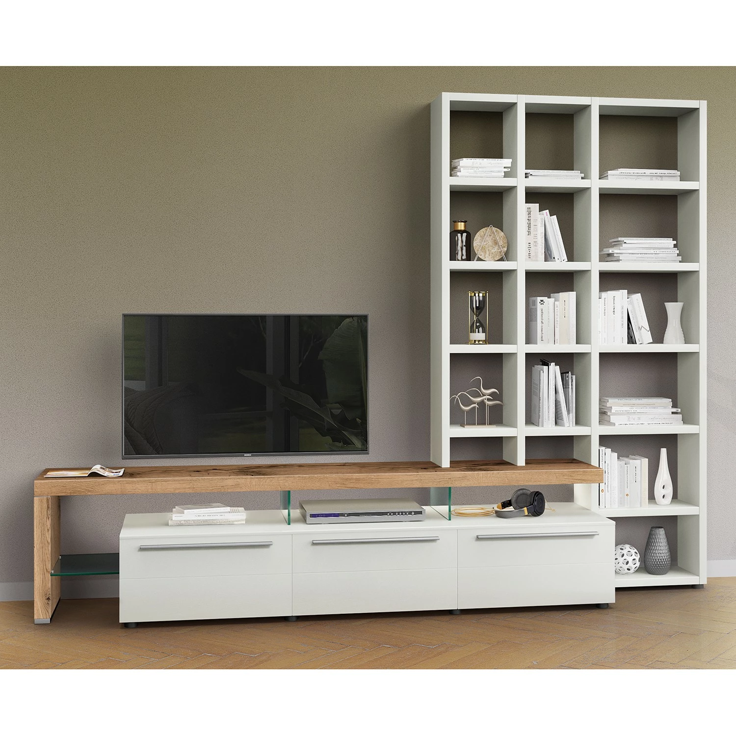 GWINNER Ensemble meubles TV Bellano I (2 élém.) - Placage en bois véritable - Mat blanc / Chêne de poutre - Alignement à gauche - Sans éclairage 3 GWINNER Ensemble meubles TV Bellano I (2 élém.) - Placage en bois véritable - Mat blanc / Chêne de poutre - Alignement à gauche - Sans éclairage