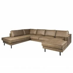 Canapé panoramique FORT DODGE - Aspect cuir vieilli - Microfibre Yaka: Noix de muscade - Méridienne courte à droite / longue à gauche (vue de face) - Sans repose-pieds