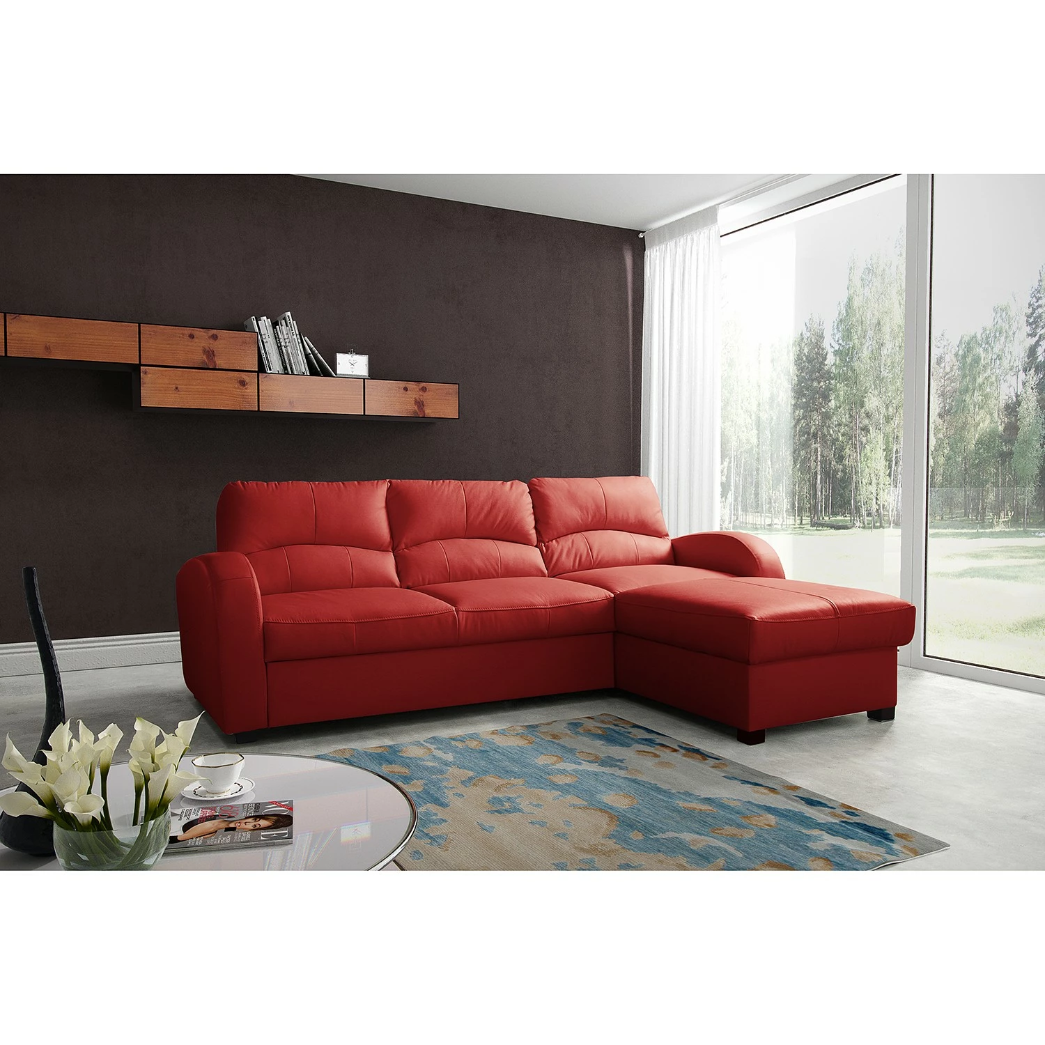 Loftscape Canapé d’angle Nilsia - Imitation cuir - Cuir Mabel: Rouge - Méridienne courte à droite (vue de face) - Avec fonction couchage 4 Loftscape Canapé d’angle Nilsia - Imitation cuir - Cuir Mabel: Rouge - Méridienne courte à droite (vue de face) - Avec fonction couchage – Image 2