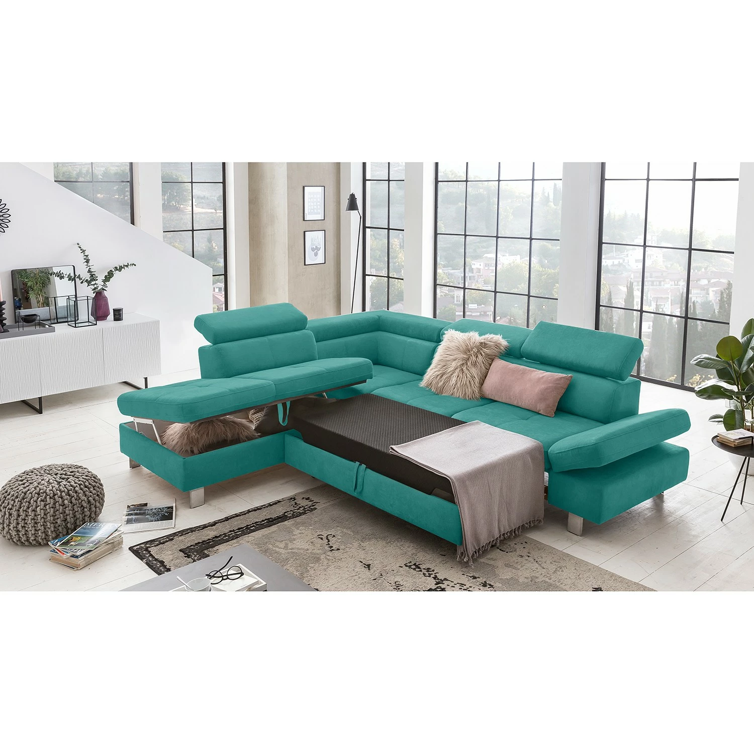Loftscape Canapé d’angle Calau - Microfibre - Microfibre Enza: Turquoise - Méridienne longue à gauche (vue de face) - Avec fonction couchage 5 Loftscape Canapé d’angle Calau - Microfibre - Microfibre Enza: Turquoise - Méridienne longue à gauche (vue de face) - Avec fonction couchage – Image 3