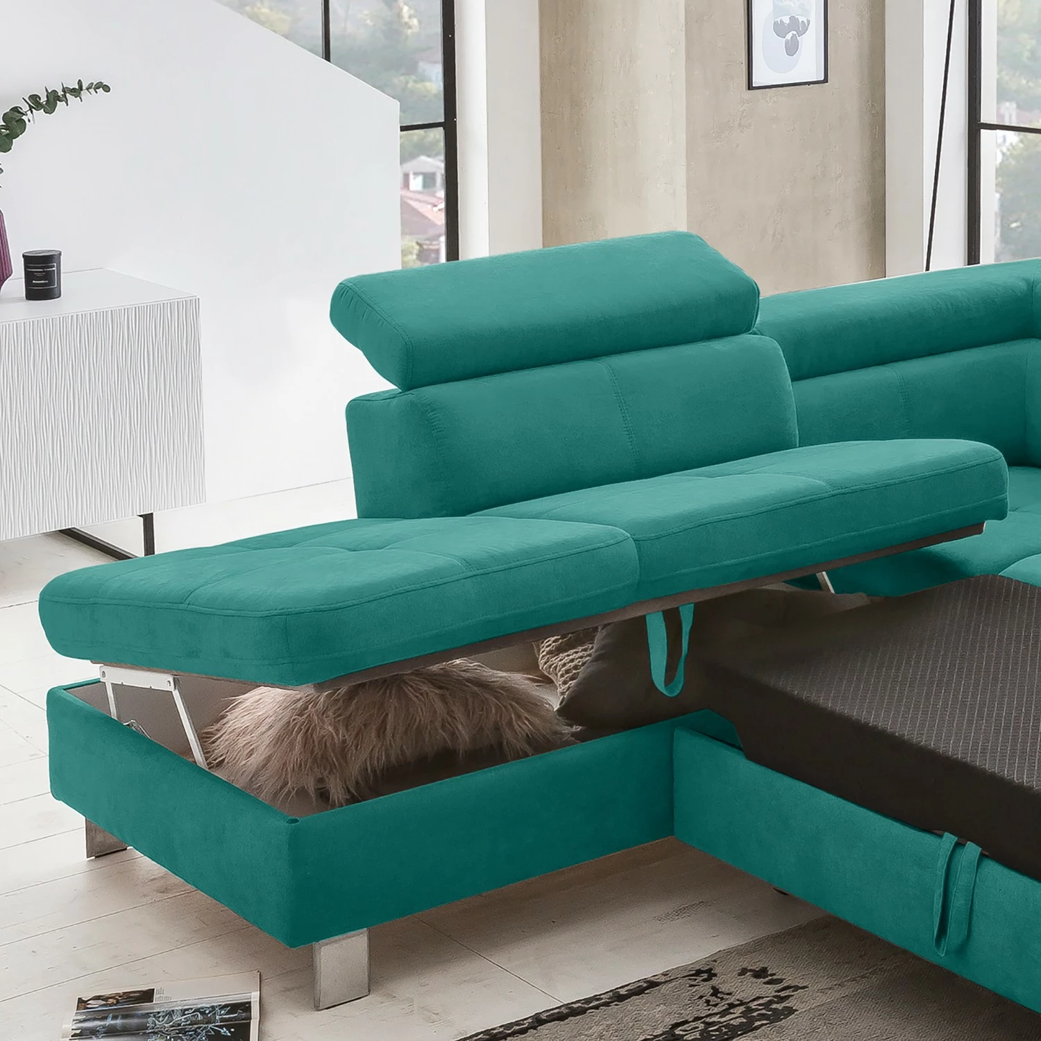 Loftscape Canapé d’angle Calau - Microfibre - Microfibre Enza: Turquoise - Méridienne longue à gauche (vue de face) - Avec fonction couchage 10 Loftscape Canapé d’angle Calau - Microfibre - Microfibre Enza: Turquoise - Méridienne longue à gauche (vue de face) - Avec fonction couchage – Image 8