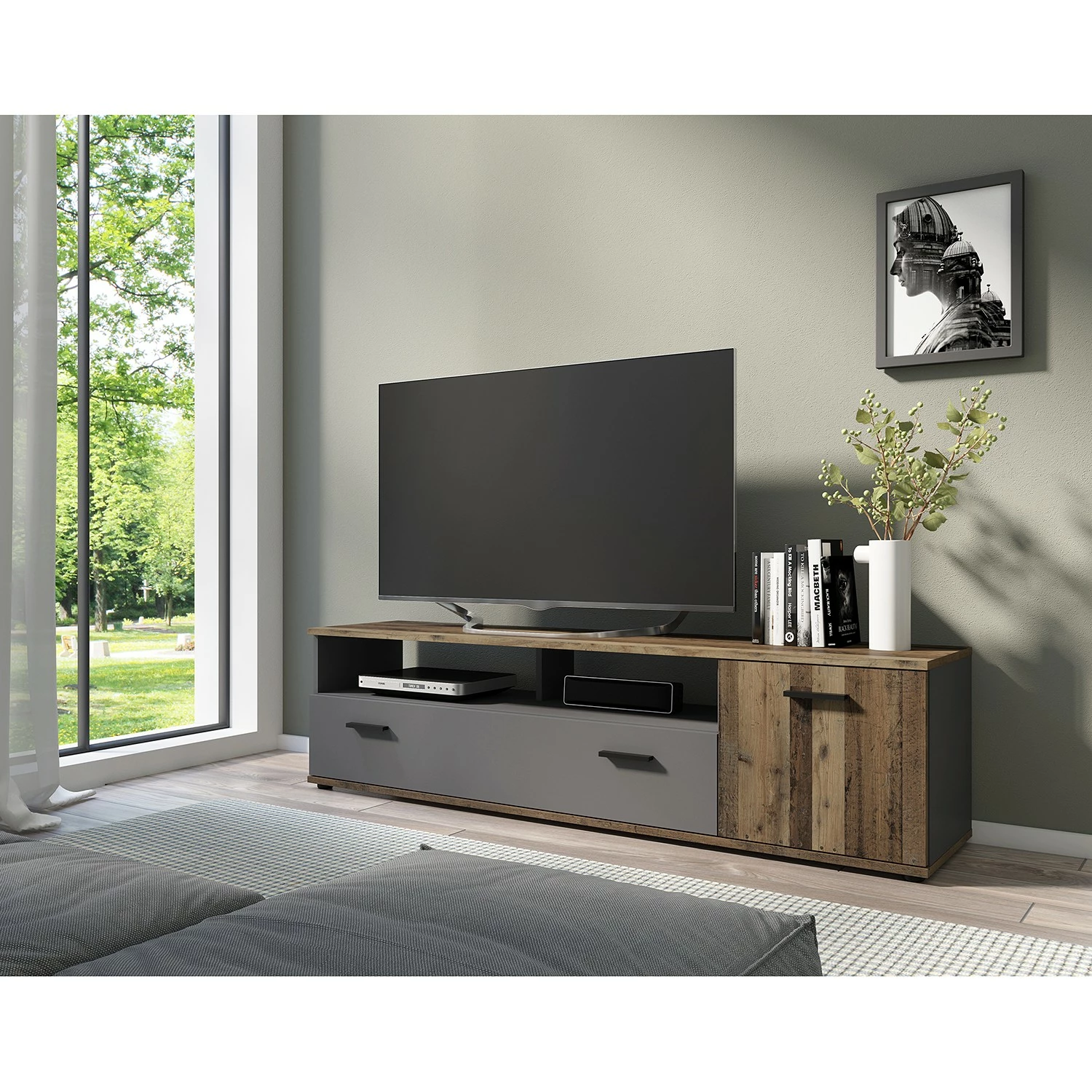 Fredriks Meuble TV Chippewa - Imitation bois ancien / Anthracite 4 Fredriks Meuble TV Chippewa - Imitation bois ancien / Anthracite – Image 2