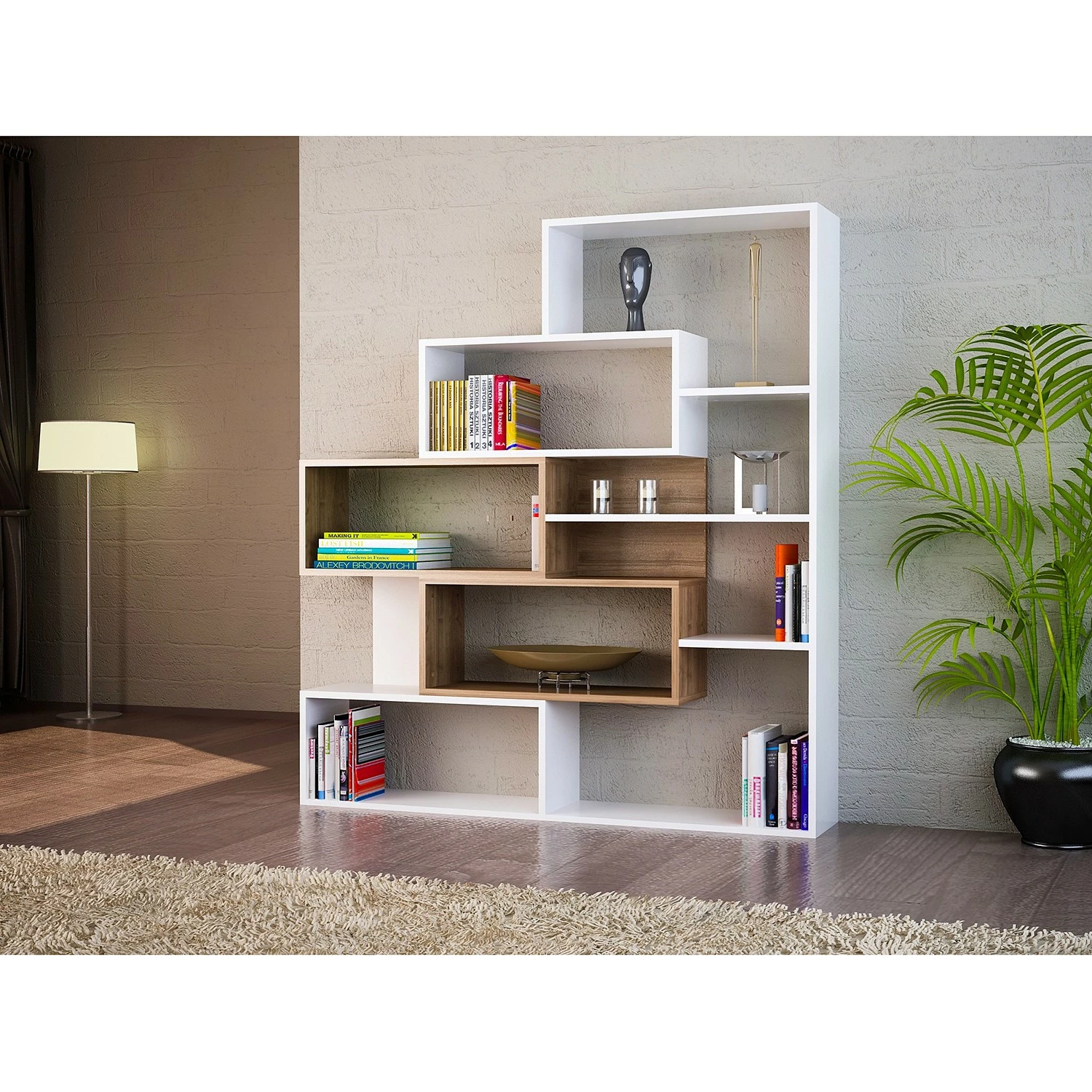 Loftscape Étagère Mertyn - Blanc / Imitation noyer clair 4 Loftscape Étagère Mertyn - Blanc / Imitation noyer clair – Image 2