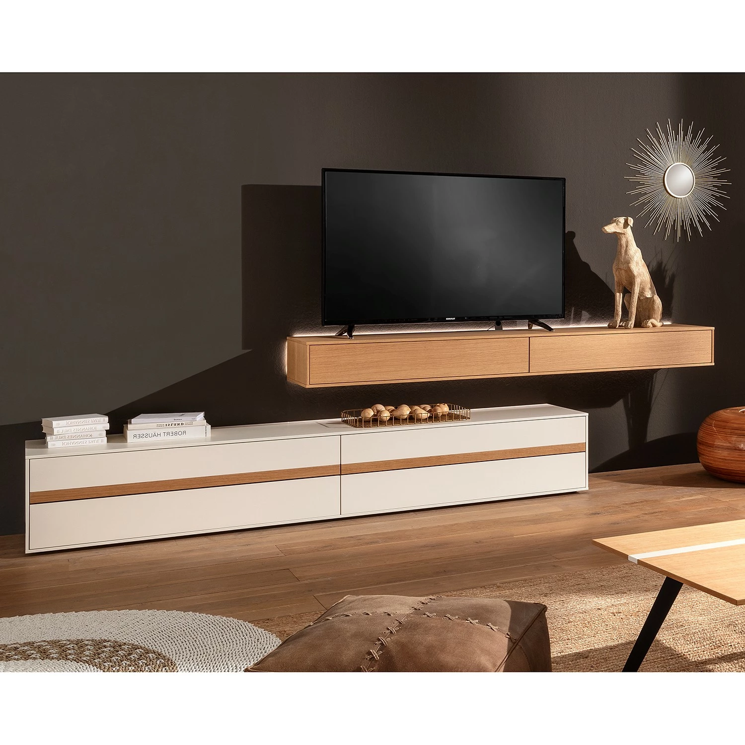 GWINNER Ensemble meubles TV Calea (2 éléments) - Avec éclairage inclus - Plaqué bois - Blanc mat / Chêne - Alignement à droite 3 GWINNER Ensemble meubles TV Calea (2 éléments) - Avec éclairage inclus - Plaqué bois - Blanc mat / Chêne - Alignement à droite